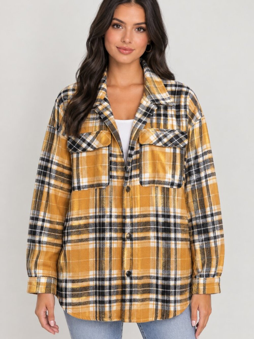 No Boundaries Women's Plaid Shirt Jacket Yellow & Black XXL